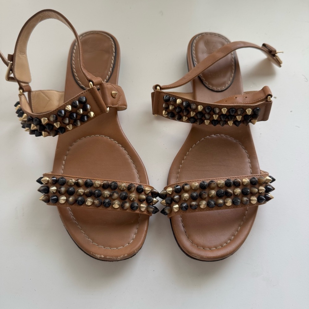 Christian Louboutin Tan and Black Sandals with Embellishments